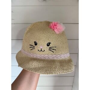 Kids Straw Sun Hat Cute Cat Face Pink Flower Bucket Hat